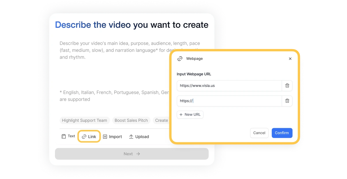 Paste a URL into Visla webpage to video to instantly pull key content from the page.